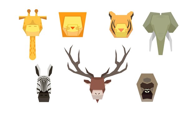 Colección de caras de animales de estilo low poly