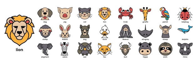 Una colección de caras de animales incluyendo un león un perro un gato un pájaro un pez