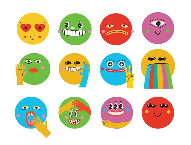 Colección de caras cómicas abstractas redondas con varias emociones Elementos y caras de personajes de formas geométricas cómicas abstractas locas Ilustración vectorial