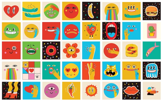 Colección de caras cómicas abstractas redondas con varias emociones Elementos y caras de personajes de formas geométricas cómicas abstractas locas Ilustración vectorial