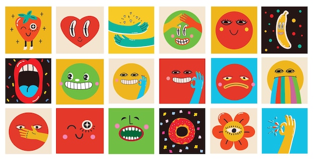 Colección de caras cómicas abstractas redondas con varias emociones Elementos y caras de personajes de formas geométricas cómicas abstractas locas Ilustración vectorial