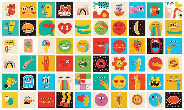 Colección de caras cómicas abstractas redondas con varias emociones Elementos y caras de personajes de formas geométricas cómicas abstractas locas Ilustración vectorial