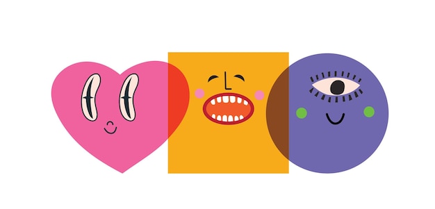 Colección de caras cómicas abstractas redondas con varias emociones Elementos y caras de personajes de formas geométricas cómicas abstractas locas Ilustración vectorial
