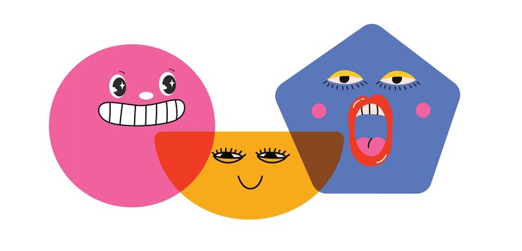 Vector colección de caras cómicas abstractas redondas con varias emociones elementos y caras de personajes de formas geométricas cómicas abstractas locas ilustración vectorial