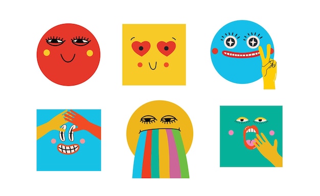 Colección de caras cómicas abstractas con varias emociones Elementos y caras de personajes de formas geométricas cómicas abstractas locas Ilustración vectorial
