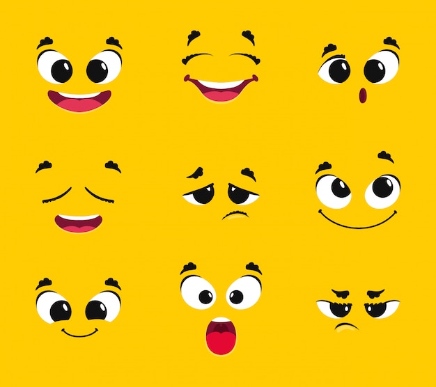 Vector colección de caras de dibujos animados. diferentes emociones sonrisa alegría sorpresa tristeza ira anhelo susto emoticones vectoriales