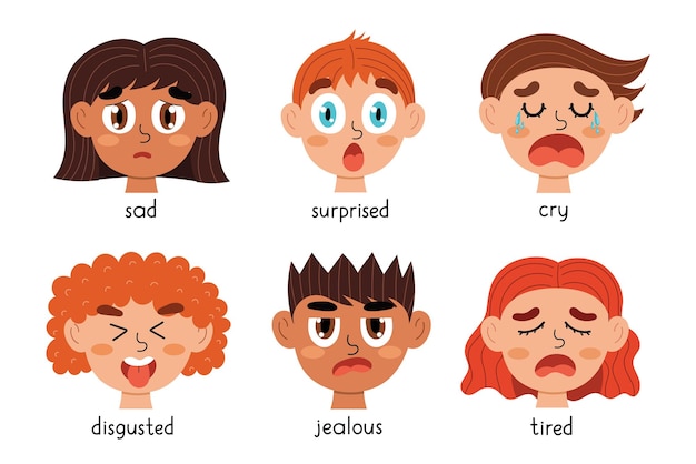 Colección de caras de emociones para niños paquete de diferentes  expresiones emocionales | Vector Premium