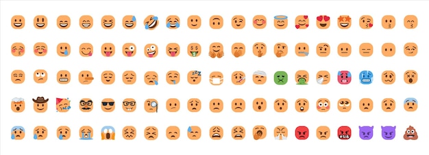Colección de caras emoji sonrientes o lindos emoticonos sonrientes establecen reacciones de emociones en las redes sociales