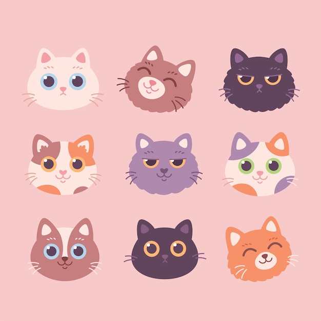 Colección de caras de gatos. Personajes de gatos con diferentes emociones y expresiones faciales.