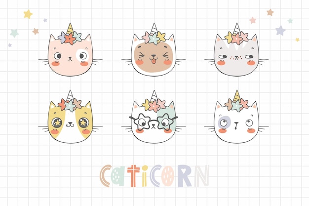 Vector colección de caras kawaii de caticorn en lindo estilo dibujado a mano