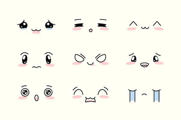 Colección de caras kawaii dibujadas a mano