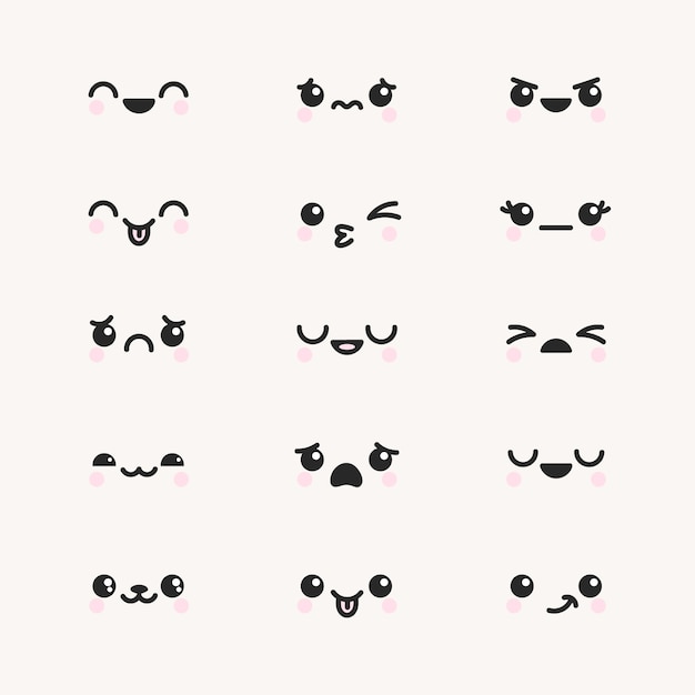 Colección de caras kawaii dibujadas a mano