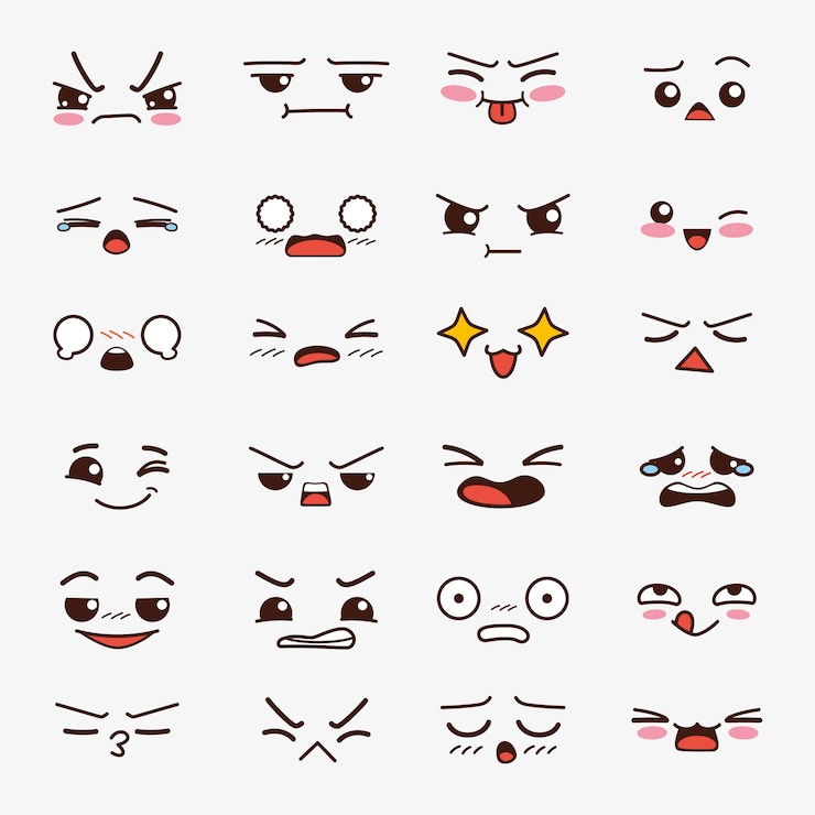 Vector colección de caras kawaii dibujadas a mano