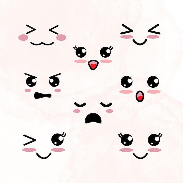 Colección caras kawaii planas dibujadas a mano