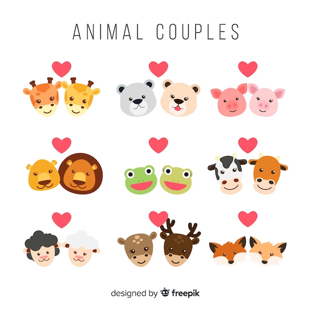 Colección caras de parejas de animales san valentín