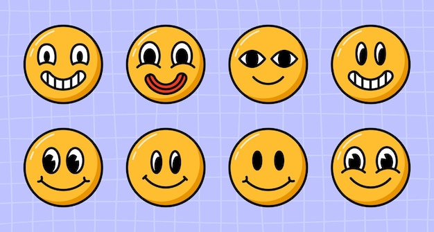 Colección de caras sonrientes de vector Groovy Emoji de dibujos animados ambientado en el estilo de los años 70 sobre fondo violeta a cuadros