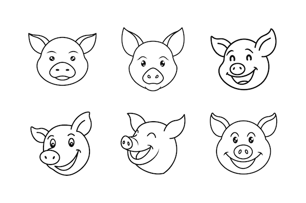 Colección de caricaturas de caras de cerdos en contorno blanco y negro