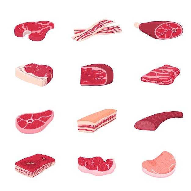 Colección de carne cruda Iconos de carnes planas Comida cocida Cerdo Rebanada fresca aislada Bistec de pollo Tocino de dibujos animados o conjunto de vectores recientes de jamón