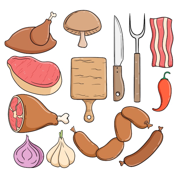 Colección de carne para filete con estilo Doodle