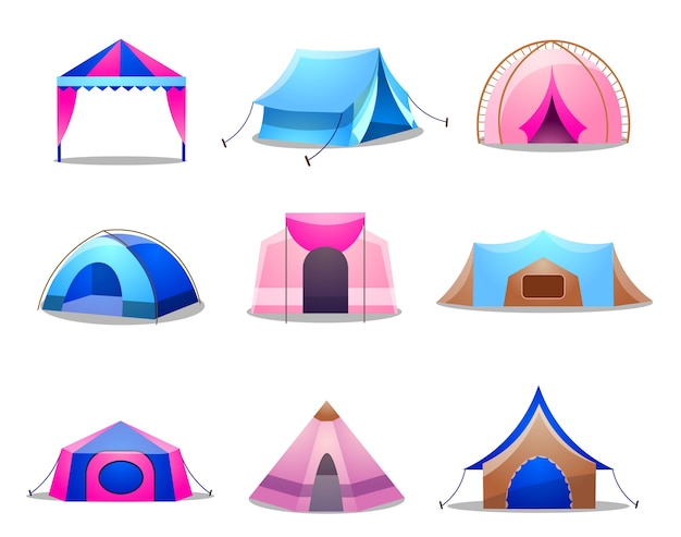 Colección de carpas para acampar en la naturaleza y para celebraciones al aire libre. conjunto de varias carpas para camping y carpa.