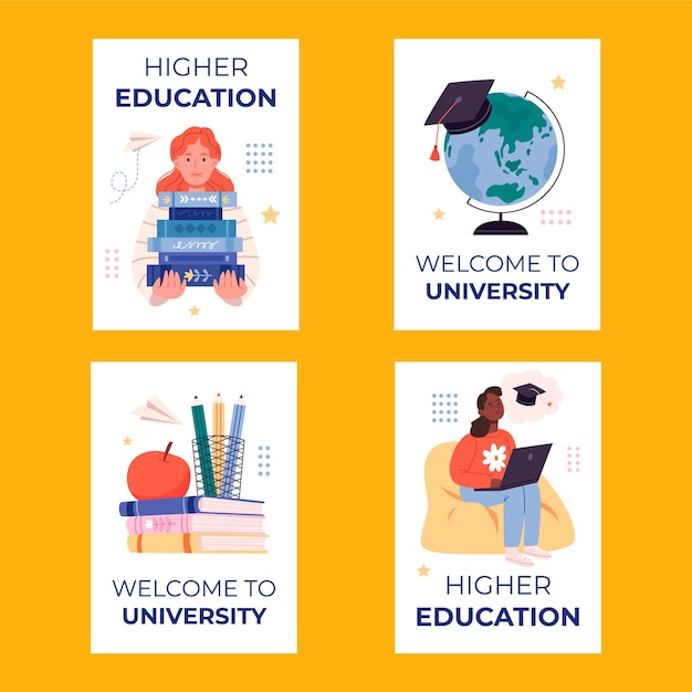 Colección de cartas verticales universitarias planas dibujadas a mano