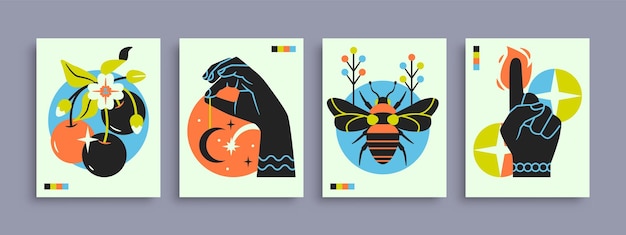 Colección de carteles abstractos con manos animales y elementos y formas abstractas
