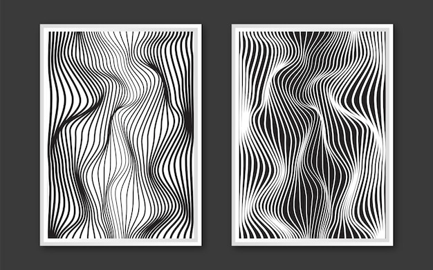 Colección de carteles abstractos modernos con diseño de líneas en blanco y negro de ondas ópticas