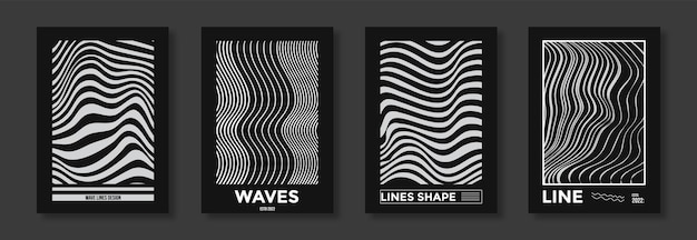 Colección de carteles abstractos modernos con diseño de líneas en blanco y negro de ondas ópticas