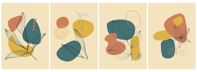 Colección de carteles de arte contemporáneo en colores pastel Elementos geométricos cortados en papel abstracto y trazos de hojas y puntos Gran diseño para postales de redes sociales impresas