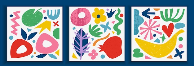 Colección de carteles de arte contemporáneo en colores vibrantes. Elementos geométricos abstractos de moda y formas orgánicas y de corte de papel, objetos de doodle. Gran diseño para redes sociales, postales, impresión.