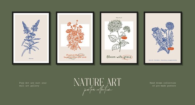Colección de carteles bohemios con flores silvestres e ilustraciones botánicas para su galería de arte de pared