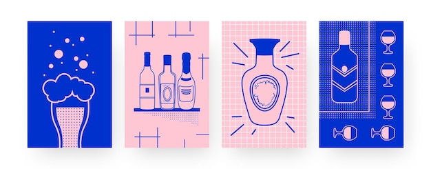 Colección de carteles contemporáneos con cerveza y vino. Vaso de cerveza, botellas y copas de vino ilustraciones en estilo creativo. Alcohol, concepto de barra para diseños, redes sociales.