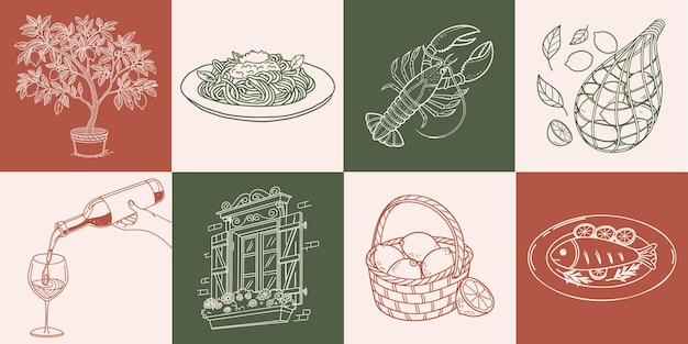 Colección de carteles dibujados a mano con comida italiana y elementos de verano Pasta ostras de mariscos