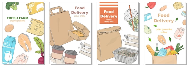 Colección de carteles dibujados a mano sobre el tema de la entrega de comestibles y la comida rápida preparada