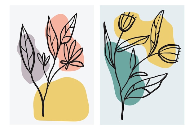 Colección de carteles florales con dibujos a mano de flores y ramas en colores neutrales