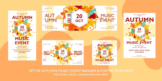 Colección de carteles, folletos y pancartas de eventos del festival de música de otoño