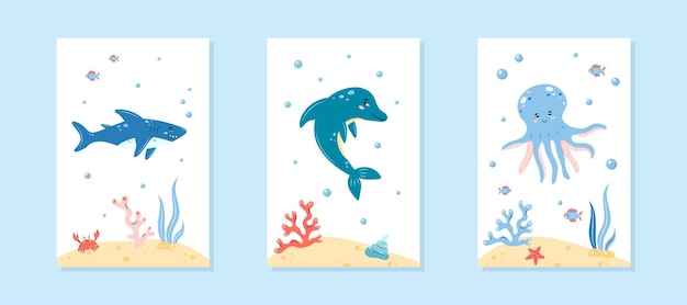 Colección de carteles interiores con animales marinos en fondo blanco Tiburón delfín y pulpo Personaje en ilustración vectorial al estilo infantil