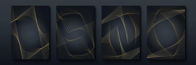Colección de carteles minimalistas abstractos con líneas finas y suaves de tinta dorada sobre fondo negro. diseño de vector de banner de lujo. Tamaño A4. Ideal para volantes, empaques, invitaciones, portadas, tarjetas de visita.