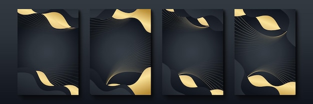 Colección de carteles minimalistas abstractos con líneas finas y suaves de tinta dorada sobre fondo negro. diseño de vector de banner de lujo. tamaño a4. ideal para volantes, empaques, invitaciones, portadas, tarjetas de visita.