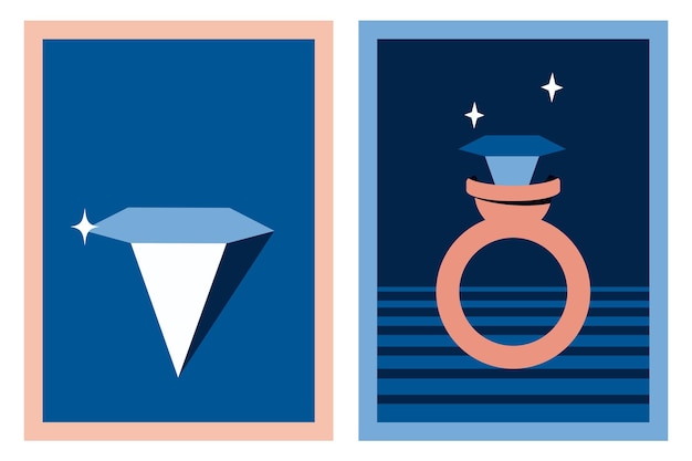 Colección de carteles modernos tarjetas de moda con estilo con anillo de diamantes con piedras preciosas vector ilustración plana para el día de san valentín regalo de vacaciones cena romántica fiesta boda citas