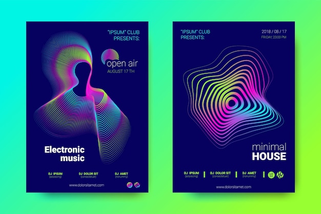 Colección de carteles de música volantes de neón para festival electrónico.
