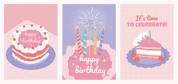 Vector colección de carteles de pastel de cumpleaños para tarjetas de felicitación y fondo