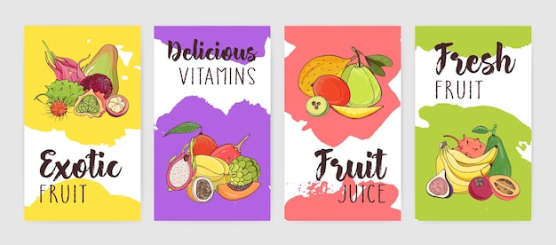 Colección de carteles de plantillas de volante con montones de deliciosas frutas tropicales exóticas jugosas frescas maduras contra manchas de pintura de colores brillantes o borrones en el fondo. Ilustración de vector colorido.