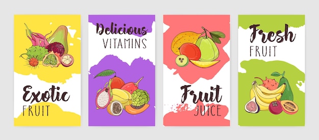 Colección de carteles de plantillas de volante con montones de deliciosas frutas tropicales exóticas jugosas frescas maduras contra manchas de pintura de colores brillantes o borrones en el fondo. ilustración de vector colorido.