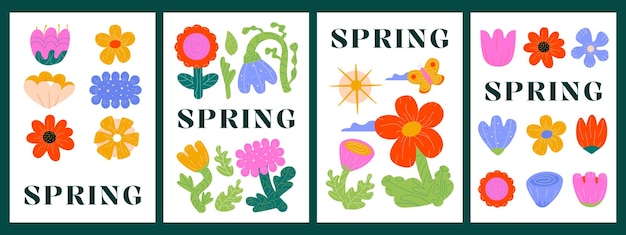 Una colección de carteles de primavera con flores y hojas gruesas obras de arte de dibujo a mano ingenuas y brillantes