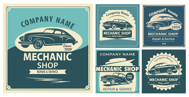 Colección de carteles de la tienda de mecánicos antiguos para la decoración del garaje