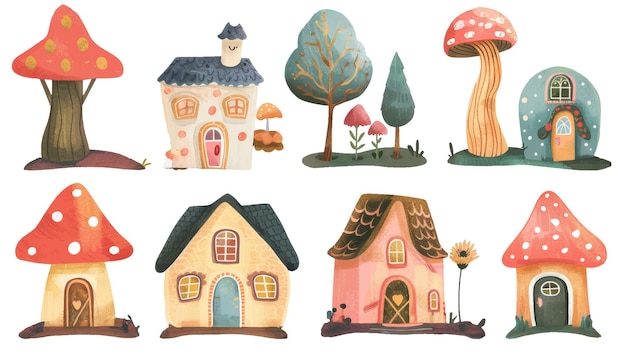 una colección de casas con árboles y hongos ilustraciones de acuarela