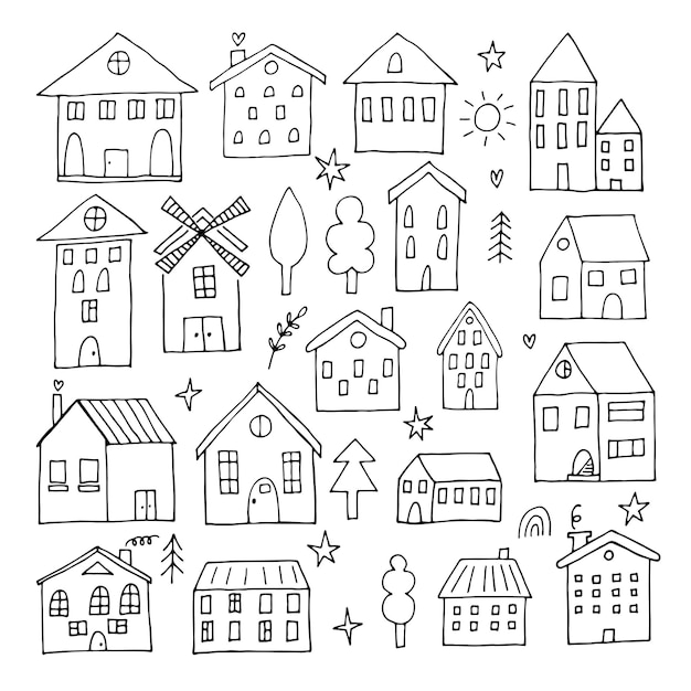 Colección de casas dibujadas a mano estilo Doodle Conjunto de edificios dibujados
