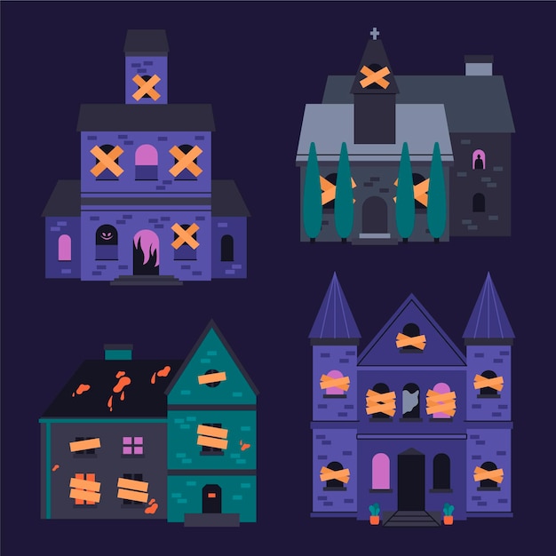 Colección de casas embrujadas de halloween planas dibujadas a mano