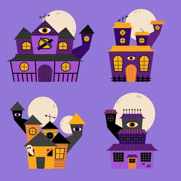 Vector colección de casas embrujadas de halloween planas dibujadas a mano